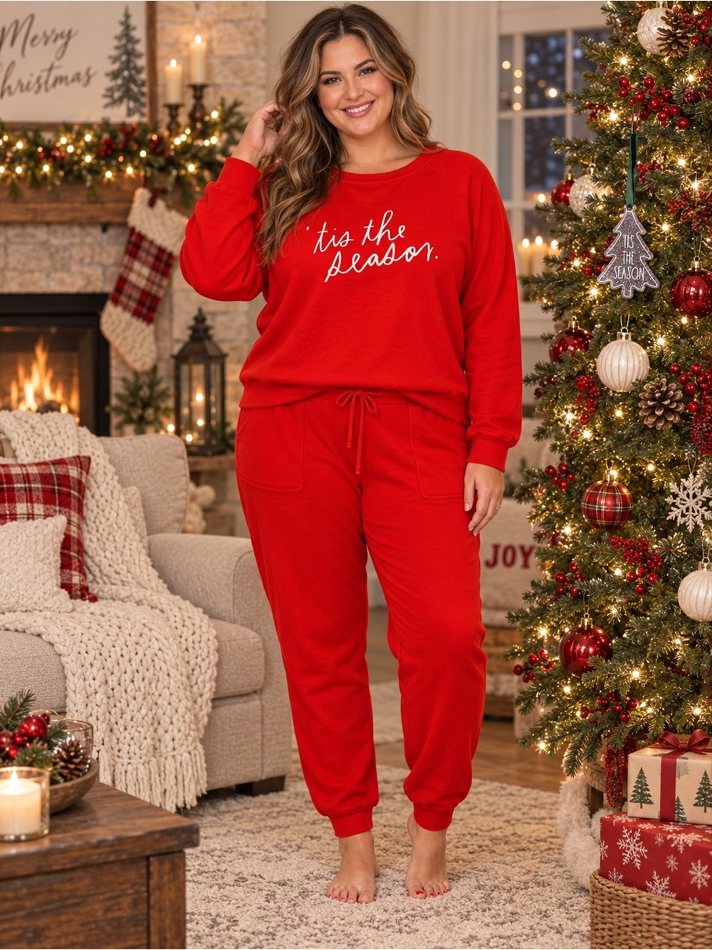 NWT Rae Dunn Red 'tis the season' Holiday Lounge Set Size XL w matching Ornament